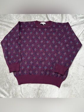 Vintage 90s Tricots St Raphael Wool Sweater Men M Red Geometric Foulard Pullover